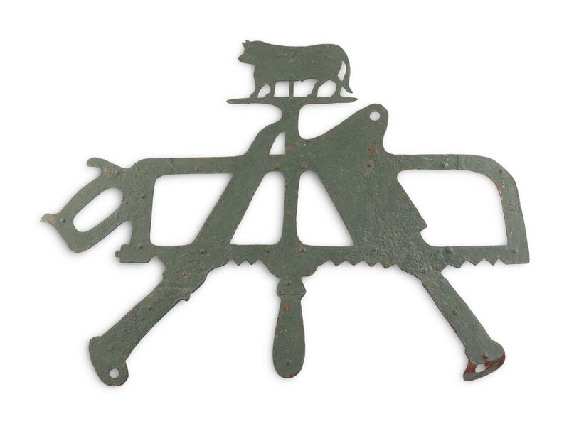 A Cut Sheet Iron Butcher's Sign: A Cut Sheet Iron Butcher's Sign 19th Century Height 25 3/4 x width 34 1/2 inches. Estate of the artist Philip Pearlstein (1924-2022), New York This lot is located in Chicago. ConditionAppearing in