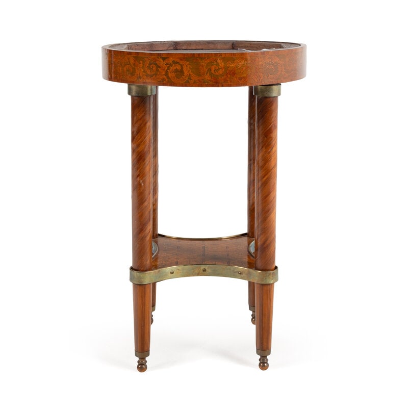 A Louis XVI Gilt Bronze Mounted Marquetry and Tulipwood Gueridon: A Louis XVI Gilt Bronze Mounted Marquetry and Tulipwood Gueridon Charles Topino (1742-1803), Late 18th Century stamped C. TOPINO.Height 28 x diameter 18 1/2 inches.