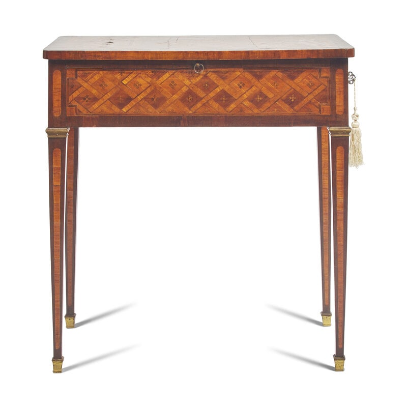 A Louis XVI Provincial Parquetry and Marquetry Writing Desk: A Louis XVI Provincial Parquetry and Marquetry Writing Desk Late 18th Century H: 29 5/8” x W: 29 3/8” x D: 18” Property from a private collection, Philadelphia, Penn