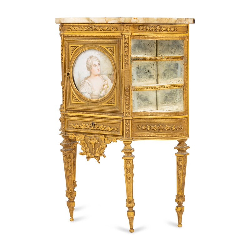 A Miniature Louis XVI Style Porcelain-Inset Gilt Bronze Marble-Top Cabinet: A Miniature Louis XVI Style Porcelain-Inset Gilt Bronze Marble-Top Cabinet 19th Century Height 11 1/8 x width 8 1/4 x depth 3 7/8 inches. Property from the Collection of Carrie Foresman This lot is