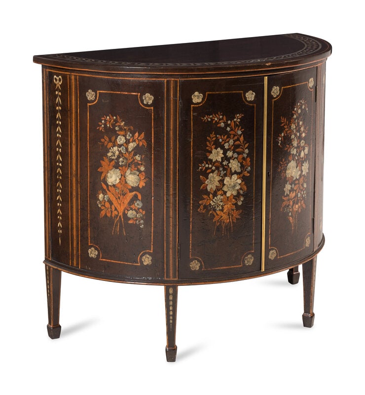 A Continental Polychrome Decorated Marble-Top Demilune Cabinet - 2