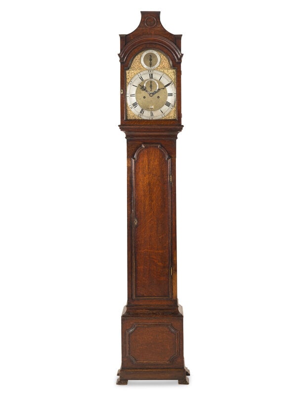 A George III Oak Tall Case Clock : A George III Oak Tall Case Clock Late 18th/Early 19th Century Height 84 x width 16 1/4 x depth 8 inches. Property from a Private Illinois Collector This lot i