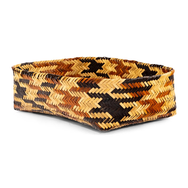 Lottie Queen Stamper (Cherokee, 1907-1978) Double-Walled River Cane Basket: Lottie Queen Stamper (Cherokee, 1907-1978) Double-Walled River Cane Basket Indian Arts and Crafts Board card includedheight 4-3/4 inches x width 16 inches x depth 12 inches