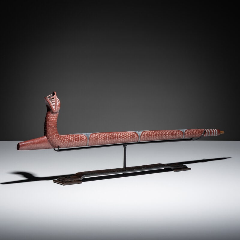 Eastern Plains Catlinite Pipe, Snake: Eastern Plains Catlinite Pipe, Snake second half 20th century carved with the form of a scaly snake with periscoping head; lead inlayheight 5-1/2 inches x length 24-1/2 inches</