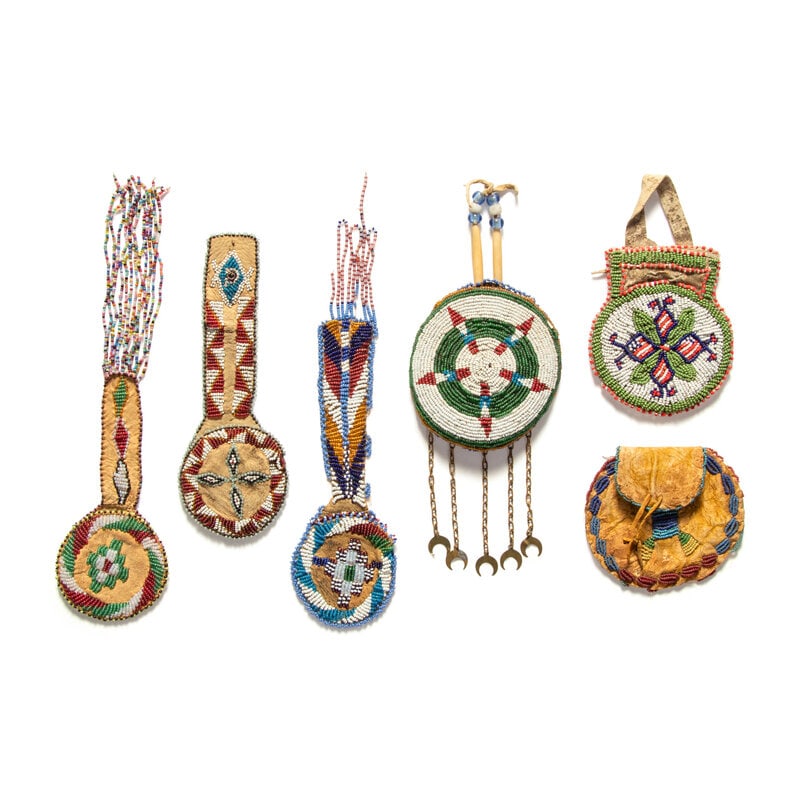 Collection of Plains Beaded Hide Watch Fobs: Collection of Plains Beaded Hide Watch Fobs early 20th century lot of 6, lengths 7-1/2 inches - 4 inches The Ronny and Doris Smithee Collection, Oklahoma City This lot is located in Cincinnati. 