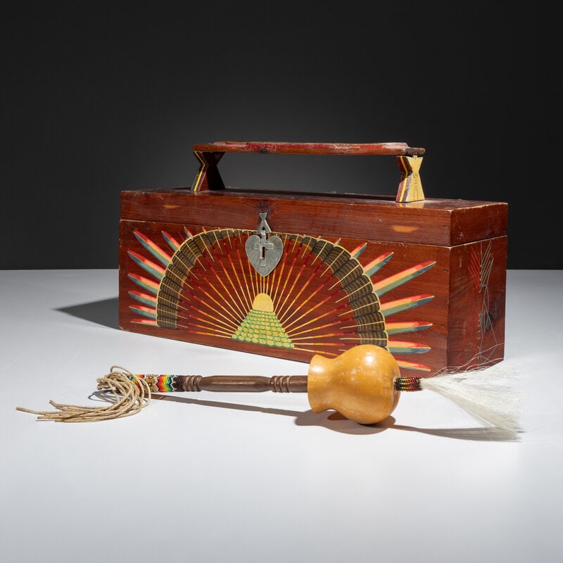 Archie Blackowl / Julius Ceasar, Attributed (Cheyenne, 1911-1992 / Pawnee, 1910–1982) Painted : Archie Blackowl / Julius Ceasar, Attributed(Cheyenne, 1911-1992 / Pawnee, 1910–1982)Painted Peyote Box, with Rattlewood box colorfully painted with imagery of the Native American Church and