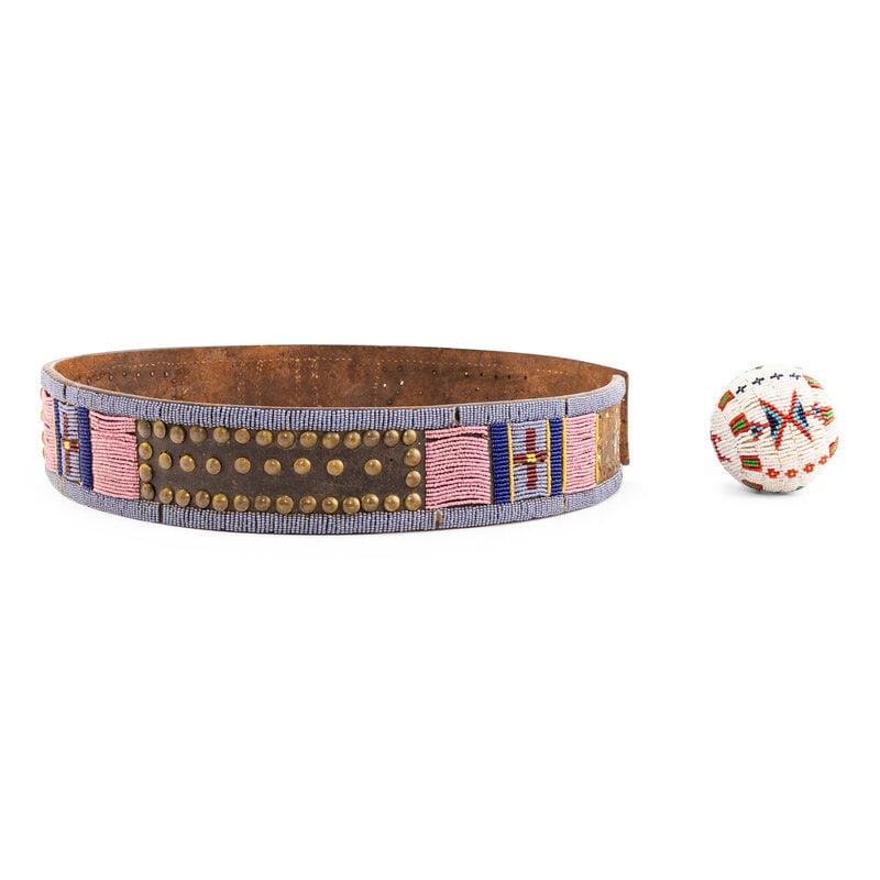 Apsáalooke [Crow] Beaded and Tacked Leather Belt AND Plains Game Ball - 2