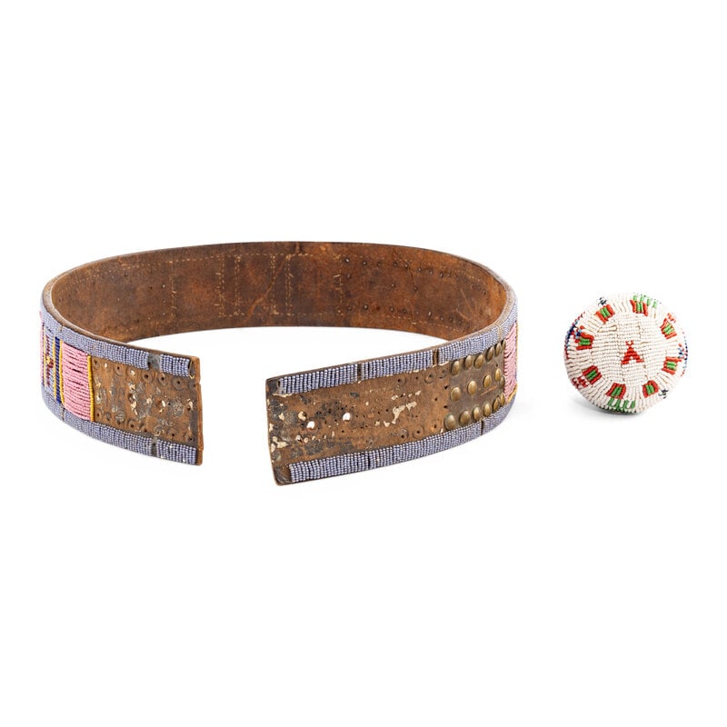 Apsáalooke [Crow] Beaded and Tacked Leather Belt AND Plains Game Ball - 3