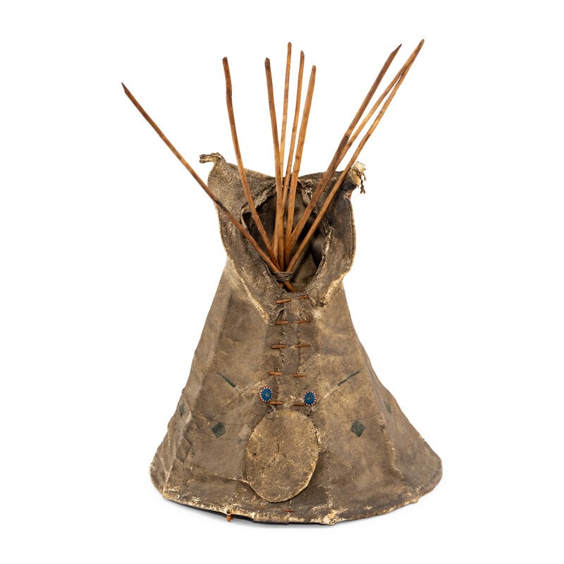 Plains Painted Hide Model Tipi: Plains Painted Hide Model Tipi ca 1900 painted with imagery of pipes and diamonds; beaded medallions; wood framework height 30 x diameter 20 inches From an Old Hollywood FamilyConditionHide appears
