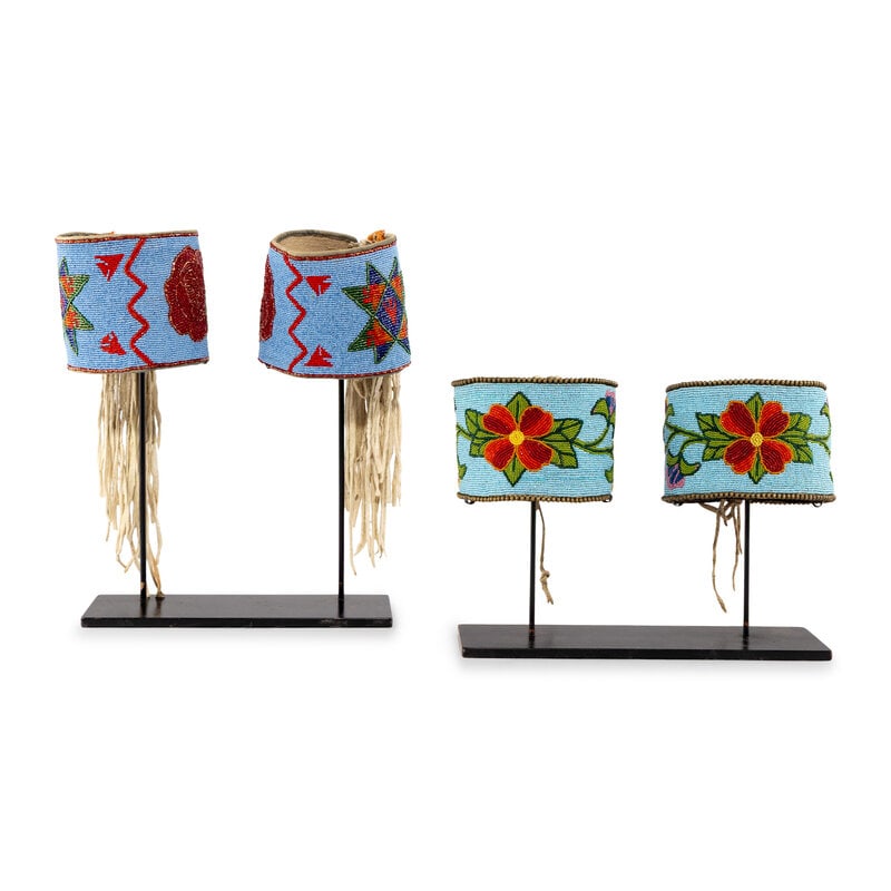 Plateau Beaded Armbands: Plateau Beaded Armbands early 20th century lot of 2, both thread-sewn on canvas, includes: one set with a scrolling floral design in colors of light green, translucent green, orange, translucent