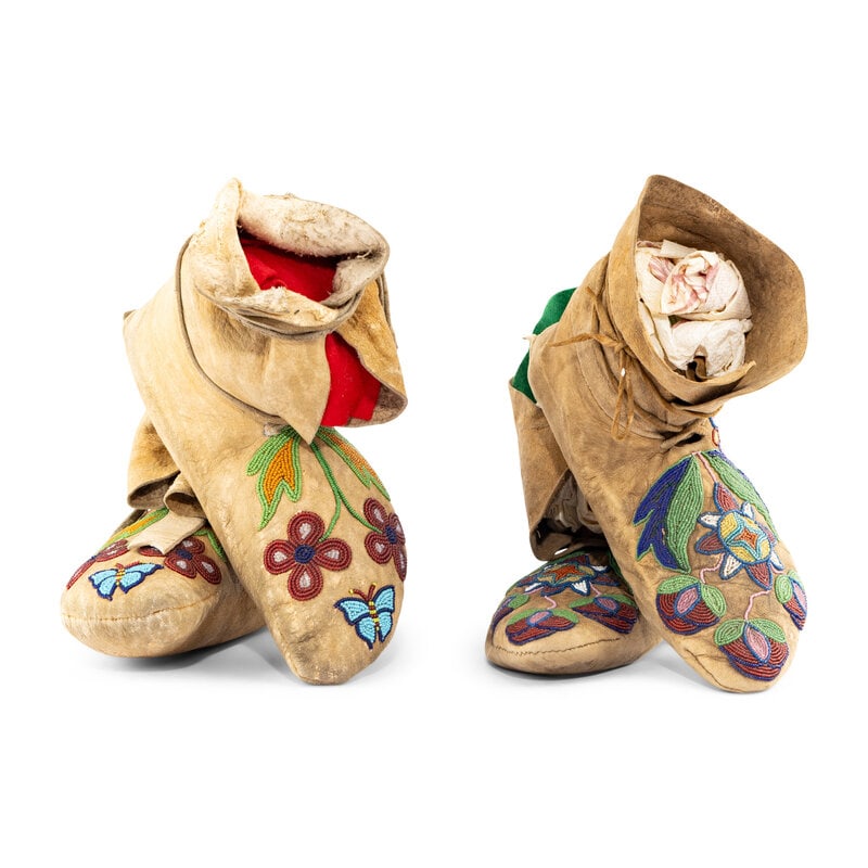 Plateau Beaded Hide Soft-Soled Moccasins : Plateau Beaded Hide Soft-Soled Moccasins early 20th century lot of 2, includes: a pair with small faceted beads in colors of pea green, various blues, rose, greasy yellow, pink, and pumpkin, length
