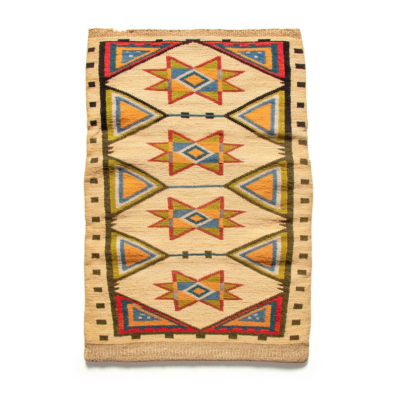 Nez Perce Cornhusk Storage Bag: Nez Perce Cornhusk Storage Bag early 20th century vibrantly woven featuring Valero star designs on either side length 21-3/4 inches x width 15 inches From an Old Hollywood Family This lot is