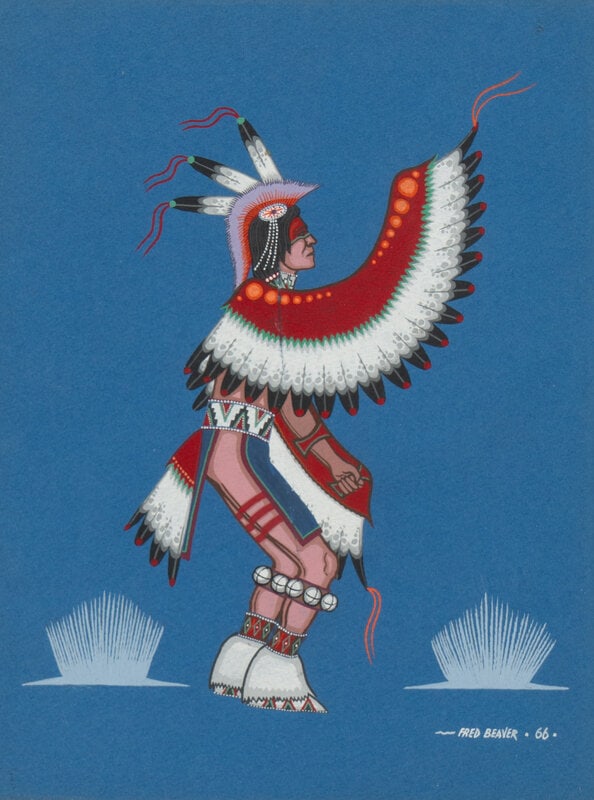 Fred Beaver (Muscogee Creek-Seminole, 1911-1980) untitled, Eagle Dancer, 1966: Fred Beaver(Muscogee Creek-Seminole, 1911-1980)untitled, Eagle Dancer, 1966gouache on matboard signed and dated lower right (sight) 10-1/2 x 8 inches; (framed) 15 x 12 inches The Ronny and Doris