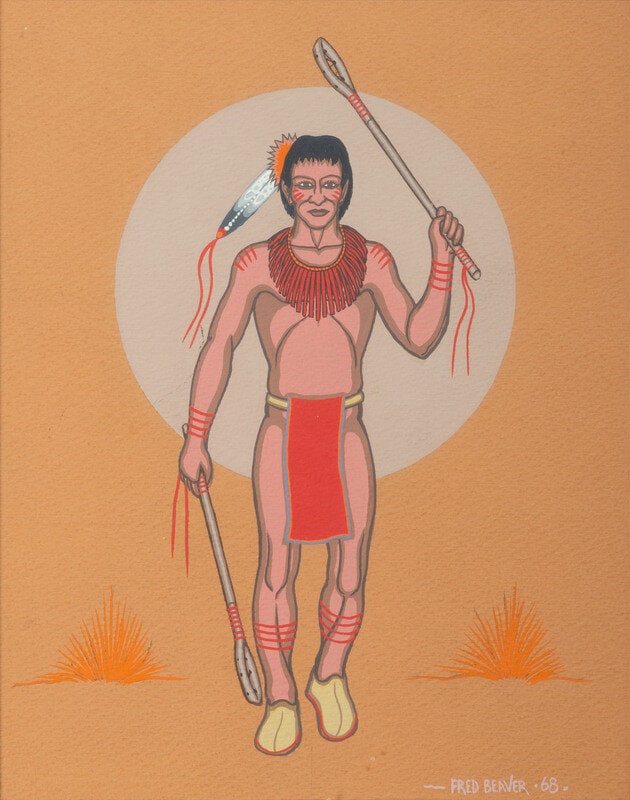 Fred Beaver (Seminole-Muscogee Creek, 1911-1980) Creek Stick-Ball Player, 1968: Fred Beaver(Seminole-Muscogee Creek, 1911-1980)Creek Stick-Ball Player, 1968gouache on paper signed and dated lower right (sight) 10-1/4 x 8 inches; (framed) 20-1/8 x 17-3/8 inches The Ronny and