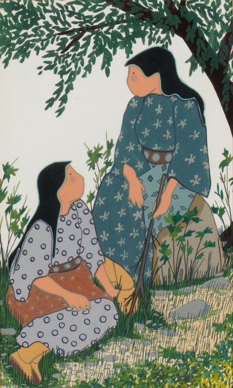 Virginia Stroud (Cherokee-Muscogee Creek, b. 1951) Companions, 1984: Virginia Stroud(Cherokee-Muscogee Creek, b. 1951) Companions, 1984gouache on paper signed and dated lower right; titled on paper tag (sight) 11-1/4 x 6-3/4 inches; (framed) 22 x 17-1/2 inches The