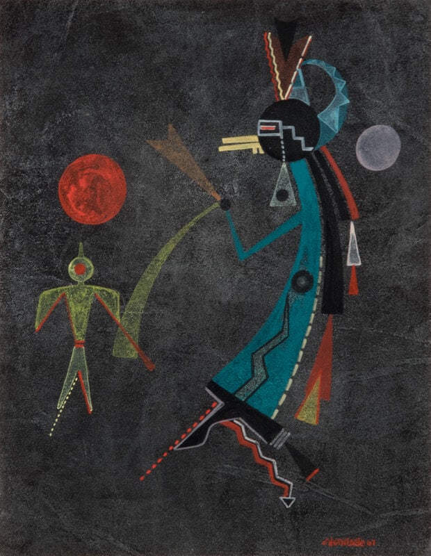 Chethlahe, David Paladin (Diné, 1926-1984) Night Guardian: Chethlahe, David Paladin(Diné, 1926-1984)Night Guardianacrylic on metallic board signed lower right; titled on verso (sight) 13-1/4 x 10-1/4 inches; (framed) 20-1/4 x 16-3/4 inches