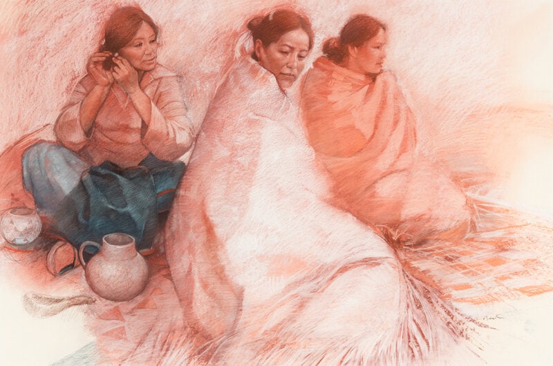 Clifford Beck (Diné, 1946-1995) Leisure Time, 1981: Clifford Beck(Diné, 1946-1995)Leisure Time, 1981pastel signed and dated lower right (sight) 37 x 24-1/2 inches; (frame) 35-1/4 x 47-1/4 inches Signaturesigned and dated lower right(sight) 37 x