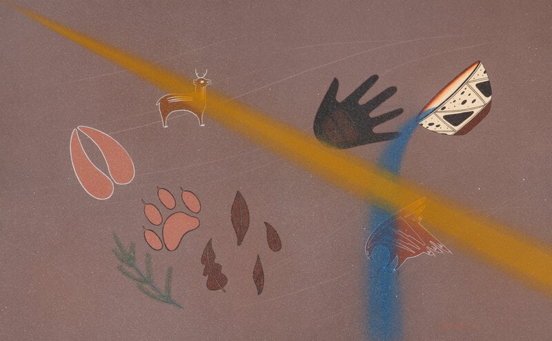 Charles Lovato (Kewa, 1937-1987) And on the Sixth Day It Was Done, 1970: Charles Lovato(Kewa, 1937-1987)And on the Sixth Day It Was Done, 1970gouache on matboard signed and dated lower right; titled on verso (sight) 19-1/4 x 31 inches; (framed) 27-3/4 x 29 inches This