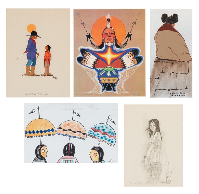 Collection of Works on Paper: Collection of Works on Paperlot of 5, includes: Albert Harjo (Diné, 1937-2019) I Won't Do It No More, 1987 gouache on paper, signed, dated, and titled (sight) 14-3/4 x 10-3/4 inches; (framed)
