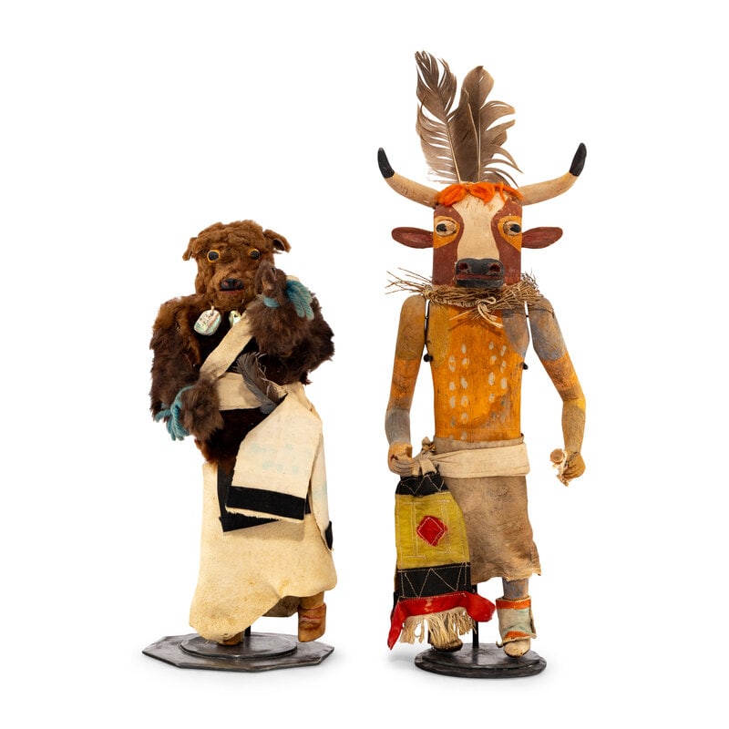 Zuni Katsinas : Zuni Katsinas mid-20th century lot of 2, both with articulated limbs, includes: a Wakashi (Cow) katsina; height 14-1/2 inches (to top of case mask) a bear or wolf katsina; height 12 inches 