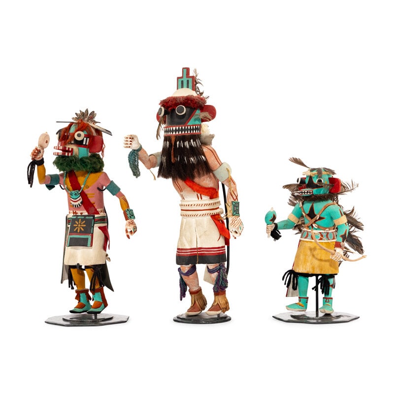 Hopi Ogre and Longhair Katsinas: Hopi Ogre and Longhair Katsinas third quarter 20th century lot of 3, includes:two Ogre katsinas, painted in teal; heights 10 inches and 14 incheslastly, a Longhair katsina