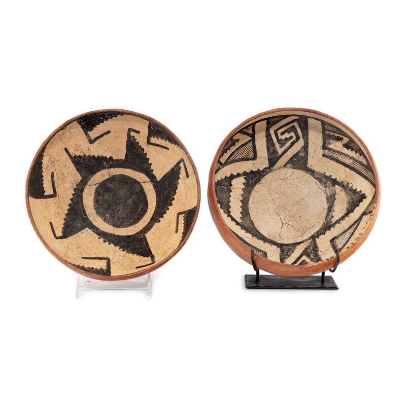 Ancestral Pueblo, Gila Black-on-White Pottery Bowls: Ancestral Pueblo, Gila Black-on-White Pottery Bowls A.D. 1300-1450 lot of 2, sizes include:height 3-1/2 inches x diameter 9-1/2 inches AND height 4-1/2 inches x diameter 9-3/8 inches