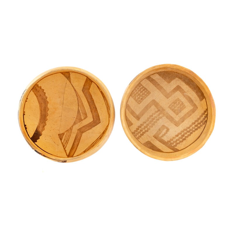 Ancestral Pueblo, Jeddito Black-on-Yellow Pottery Bowls: Ancestral Pueblo, Jeddito Black-on-Yellow Pottery Bowls A.D. 1325-1600 lot of 2, sizes include:one with a half-circle design; height 3-3/4 inches x diameter 8-5/8 inchesano