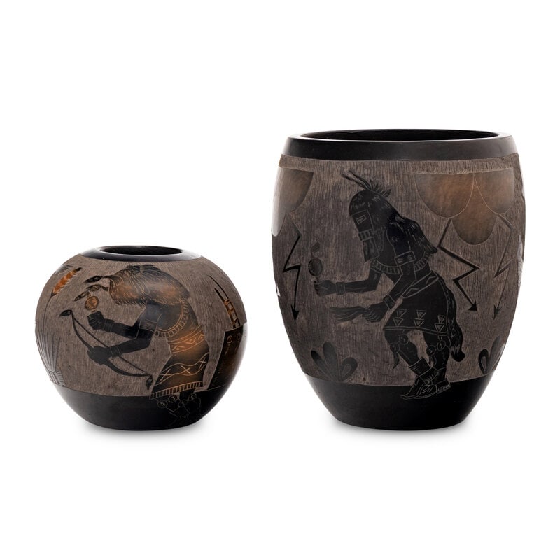 Corn Moquino (Santa Clara, 1929-2016) Blackware Sgraffito Pottery, Dancers (1 of 3)