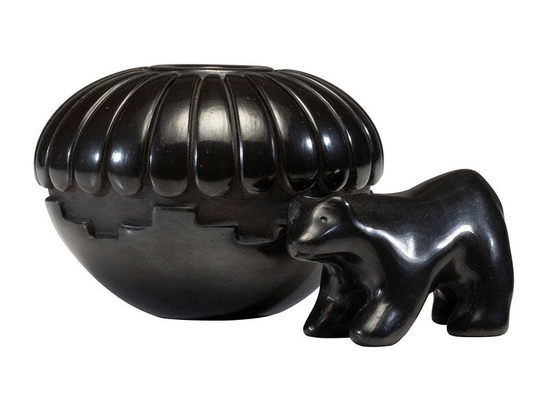Linda Tafoya-Sanchez (Santa Clara, b. 1962) Blackware Pottery: Linda Tafoya-Sanchez(Santa Clara, b. 1962)Blackware Pottery lot of 2, includes: a jar signed Linda Tafoya-Sanchez, height 2-1/2 inches x diameter 3-1/4 inches a bear signed Tafoya-Oyenque, height