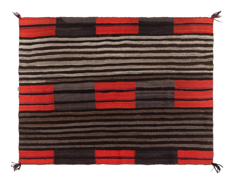 Navajo Transitional Third Phase Variant Weaving [Rug]: Navajo Transitional Third Phase Variant Weaving [Rug] ca 1900 banded design featuring a nine-block design 50 x 63 inches This lot is located in Chicago. 
