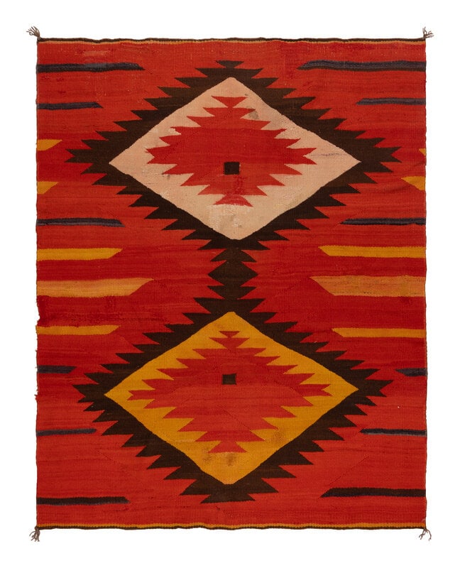 Navajo Transitional Weaving [Rug]: Navajo Transitional Weaving [Rug] late 19th century soft, handspun wool woven with colors of red, yellow, cream, and dark brown 65-1/2 x 52 inches Property of the Gichigamiin Indigenous Nations
