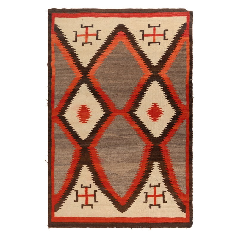 Navajo Transitional Weaving [Rug]: Navajo Transitional Weaving [Rug] ca 1900 handspun wool woven with a serrated diamond pattern and modified Spider Woman crosses87 x 57 inches Property of the G