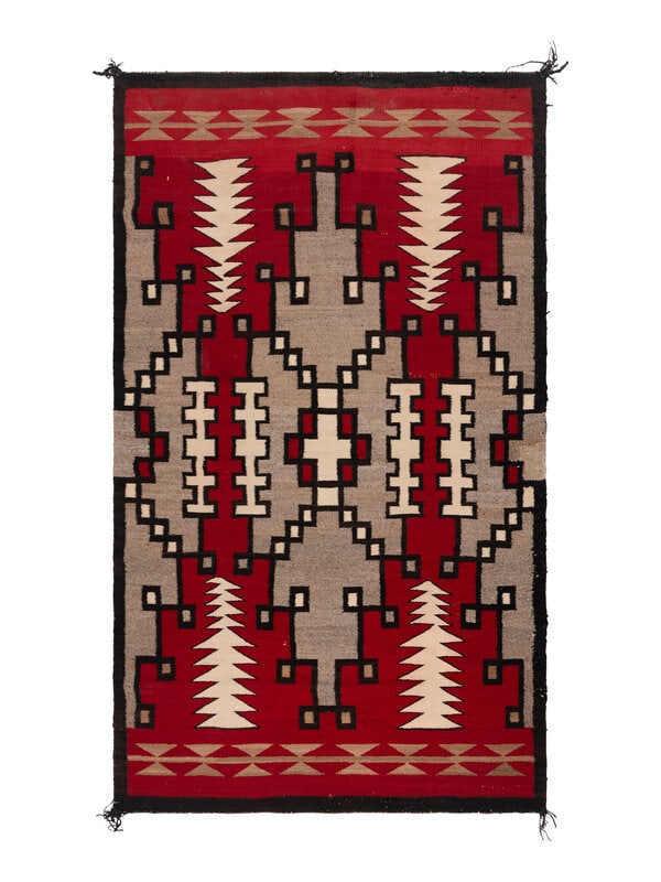 Navajo Western Reservation Weaving [Rug]: Navajo Western Reservation Weaving [Rug] mid-20th century handspun wool woven in colors of red, cream, dark brown, and gray 79 x 48-1/2 inches Property of the Gichigamiin Indigenous Nations Museum