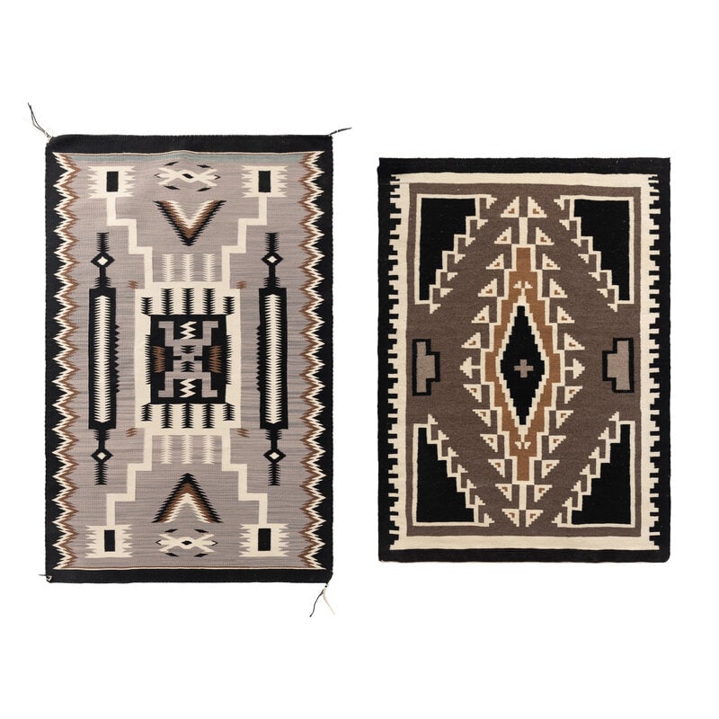 Navajo Two Grey Hills AND Storm Pattern Weaving [Rug]: Navajo Two Grey Hills AND Storm Pattern Weaving [Rug] 20th century lot of 2, includes:a Storm Pattern weaving; second half 20th century; flat weave and designed with a softly mottled p
