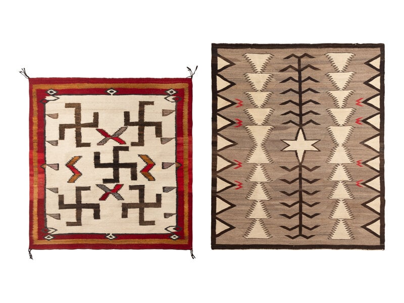 Navajo Regional Reservation Weavings [Rugs]: Navajo Regional Reservation Weavings [Rugs] second quarter 20th century lot of 2, includes:a thick, handspun weaving with central whirling logs and triple border, 61 x 55-1/2 inches