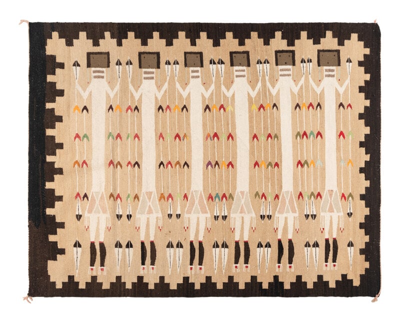 Navajo Yei Weaving [Rug]: Navajo Yei Weaving [Rug] mid-20th century six Yei figures against a tan ground with black border58-1/2 x 70-1/2 inches This lot is located in Chicago.