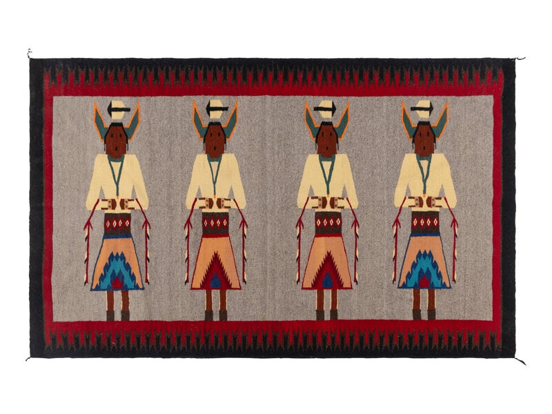 Navajo Holy People Weaving [Rug]: Navajo Holy People Weaving [Rug] mid-20th century thick, hand-spun wool woven with four horned figures54 x 83 inches The Ronny and Doris Smithee Collection, Ok