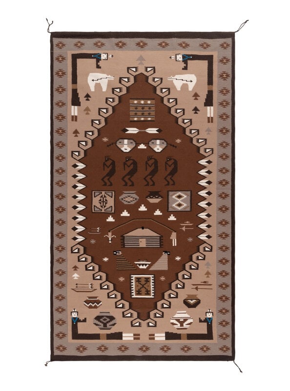 Navajo Pictorial Weaving [Rug]: Navajo Pictorial Weaving [Rug] late 20th century designed with images of Kokopelli, Yei figures, pottery, bows and arrows, weaving tools, rugs, and heartline bears - (It has it all!)88