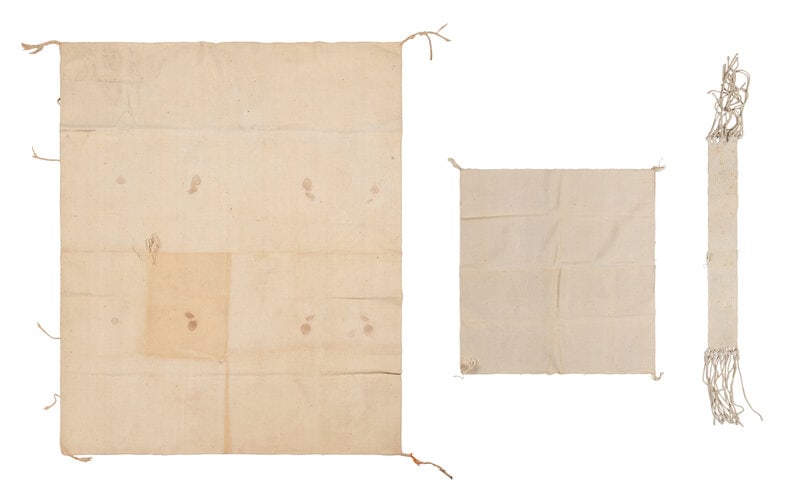 Hopi Wedding Dress and Manta, PLUS Rain Sash: Hopi Wedding Dress and Manta, PLUS Rain Sash mid-20th century lot f 3, all woven from cotton, includes: a dress 69-1/4 x 56 inches manta 37 x 34-3/4 inches sash total length 72 inches x width 5