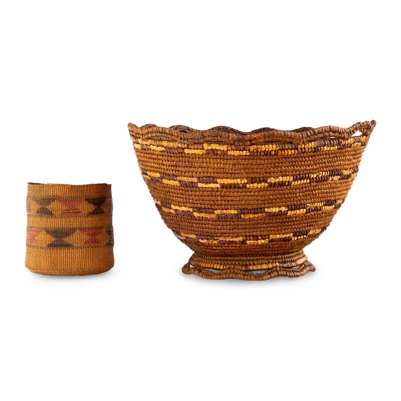 Tlingit Berry Basket and Salish Imbricated Basket: Tlingit Berry Basket and Salish Imbricated Basket early 20th century lot of 2, includes:a Tlingit berry basket with two bands of hourglass false embroidery, height 5-1/2 inches x diame