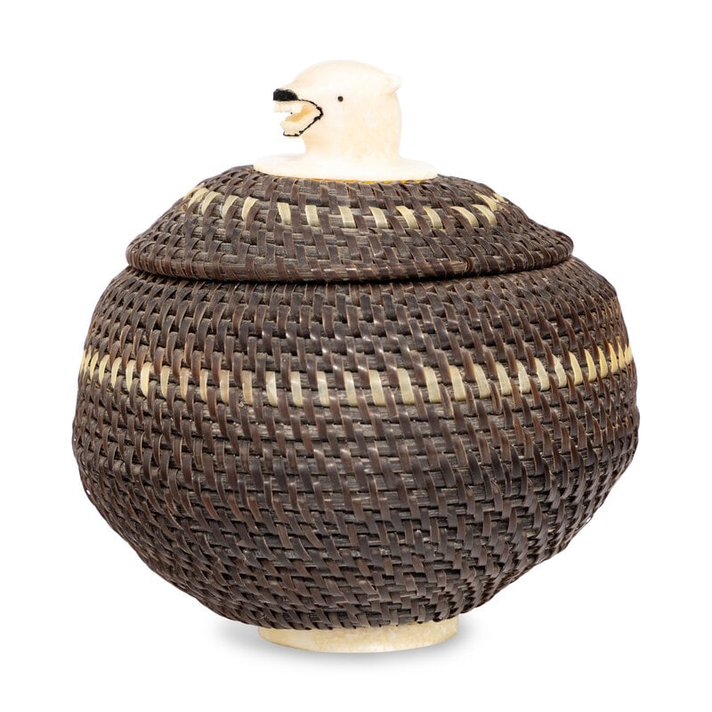 Marilyn Hank (Inupiat, 20th century) Baleen Basket, with Polar Bear Finial, 1994: Marilyn Hank (Inupiat, 20th century) Baleen Basket, with Polar Bear Finial, 1994 signed both on lid and inside of bodyheight 4-1/4 inches x diameter 4 inches This lot is