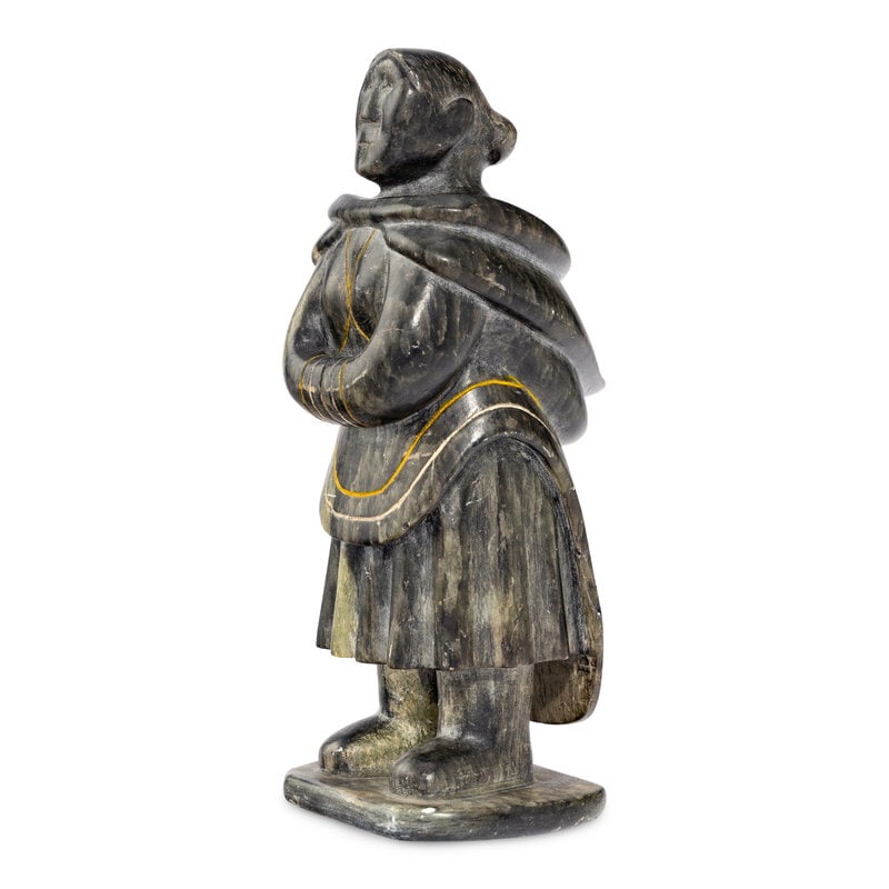 Utye (Inuit [Iqaluit], b. 1924) Woman: Utye(Inuit [Iqaluit], b. 1924)Woman signed in Roman and with disk number height 8-1/2 inches x width 3-1/2 inches x depth 4 inches This lot is located in Chicago. Signaturesigned in Roman and with