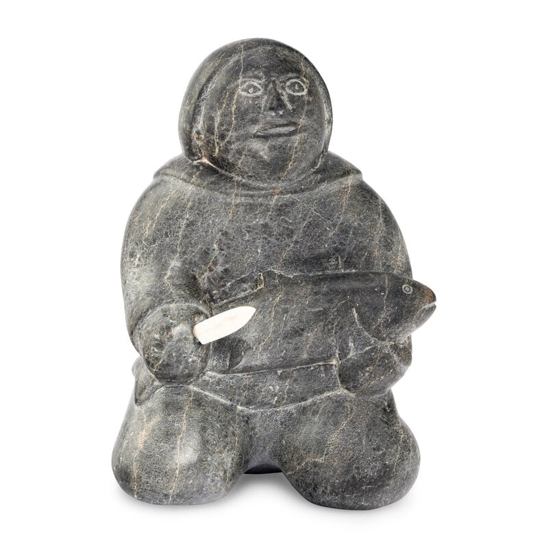 Mathew Aqigaaq (Inuit [Qamani'tuaq], 1940-2010) Fisherman: Mathew Aqigaaq(Inuit [Qamani'tuaq], 1940-2010)Fisherman signed in syllabics height 11 inches x width 7-1/2 inches x depth 6-1/2 inches This lot is located in Chicago. Signaturesigned in