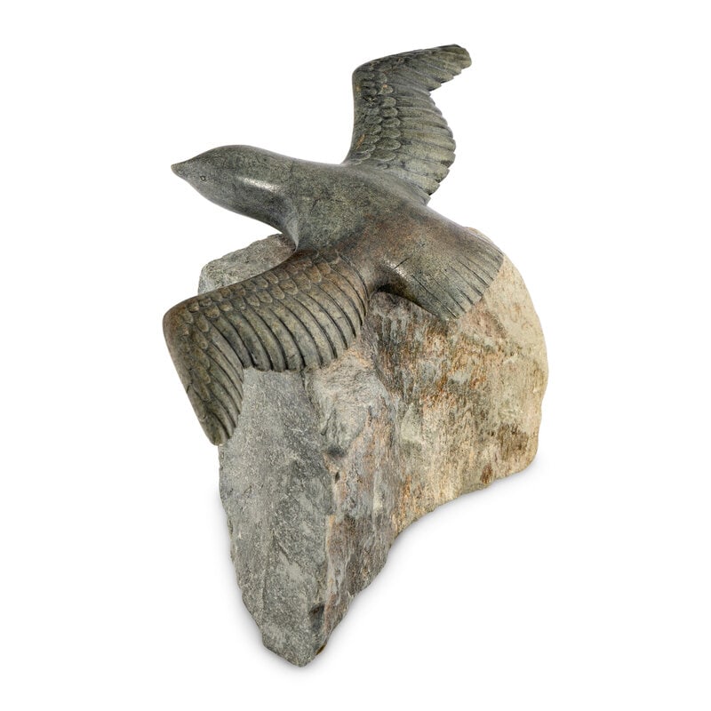 David Ruben Piqtoukun (Inuit [Paulatuk], b. 1950) Arctic Turn, 1977: David Ruben Piqtoukun (Inuit [Paulatuk], b. 1950)Arctic Turn, 1977soapstone signed in Roman, and dated on underside of bird height 7 inches x width 13 inches x depth 6-1/2 inches This lot is