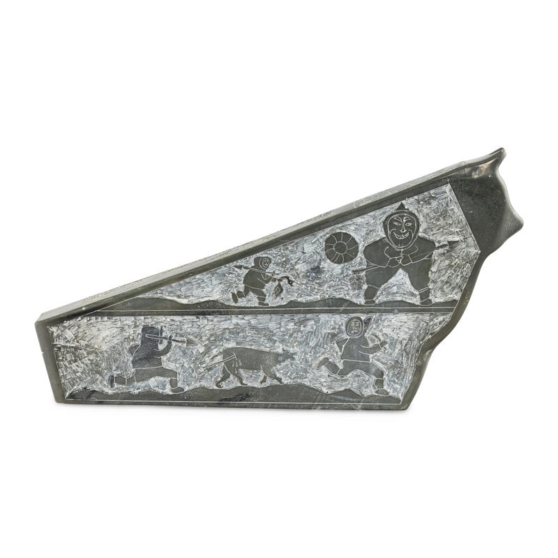 J. Tomic (Inuit, 20th century) Seal with Carved Hunt Scene: J. Tomic(Inuit, 20th century)Seal with Carved Hunt Scenestone carved in the shape of a seal with hunting and fishing scenes on either side and the top; signed on base J. Tomic with number 12-8-553 