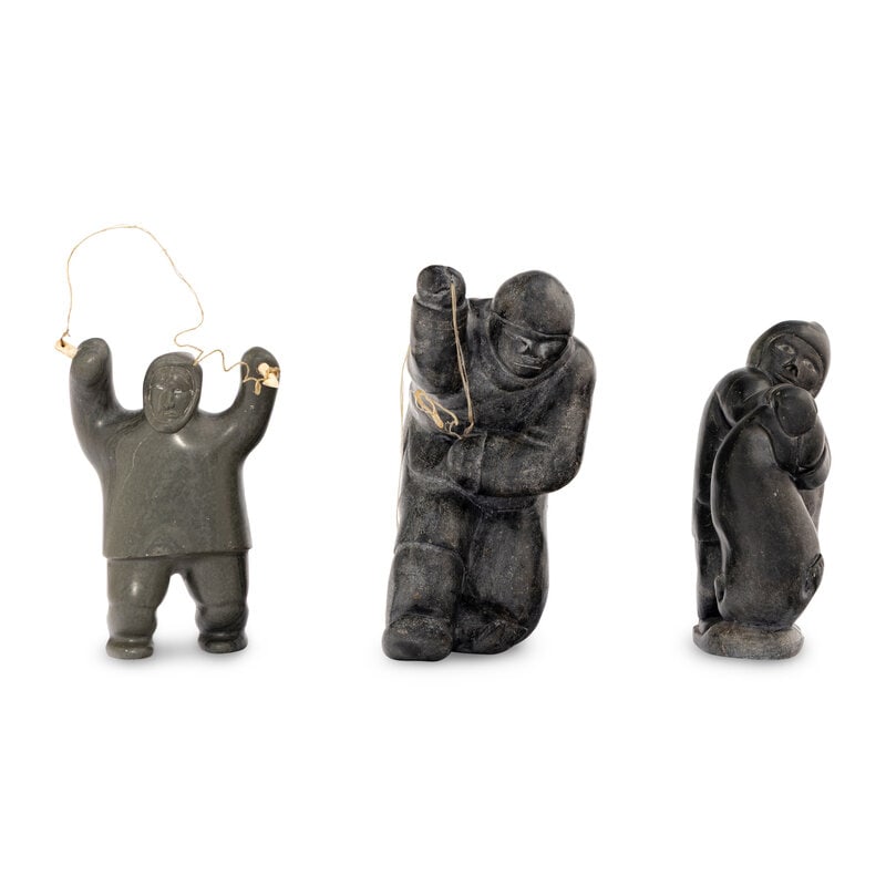 Inuit Carved Soapstone Hunters and Fishermen: Inuit Carved Soapstone Hunters and Fishermen lot of 3, includes: a hunter and seal by Kumakuluk Saggiak (Kinngait, b. 1944), signed in Roman, height 7 inches x width 4 inches x depth 2-1/2 inches 