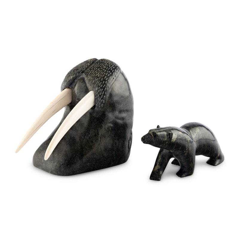 Inuit Carved Soapstone Walrus Head and Polar Bear - 2