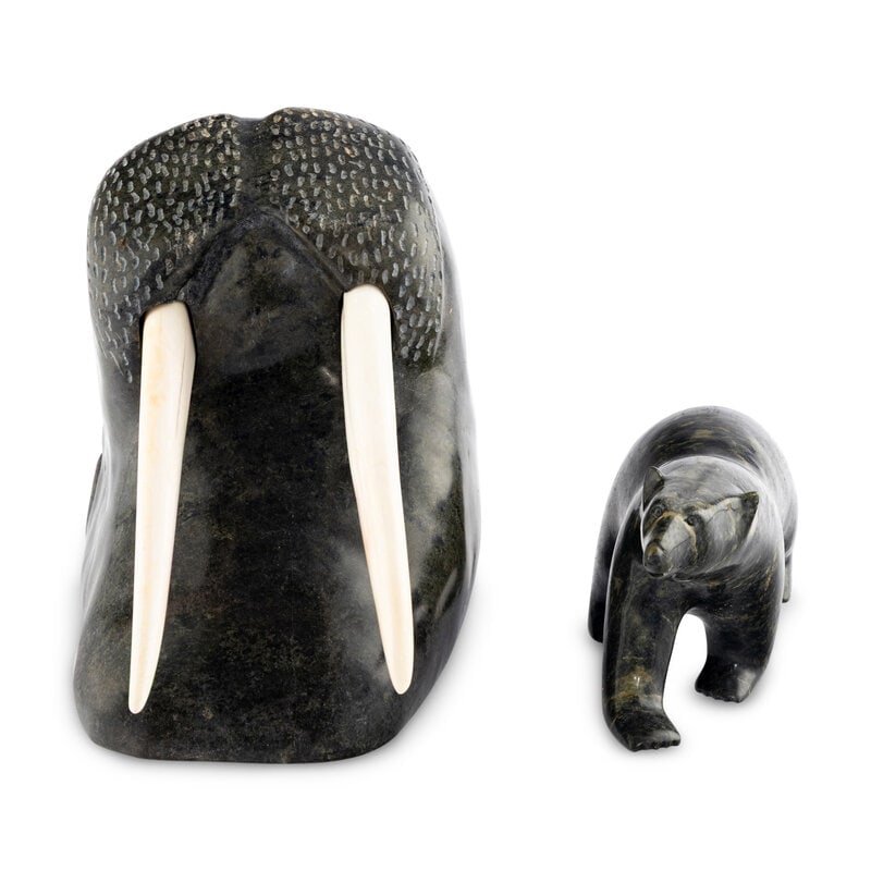 Inuit Carved Soapstone Walrus Head and Polar Bear - 3