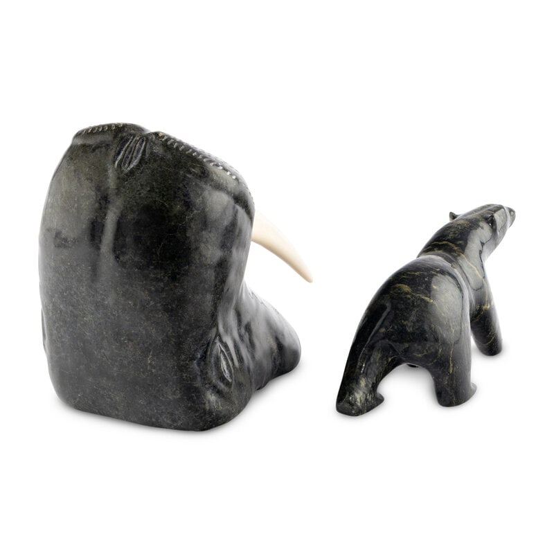 Inuit Carved Soapstone Walrus Head and Polar Bear - 5
