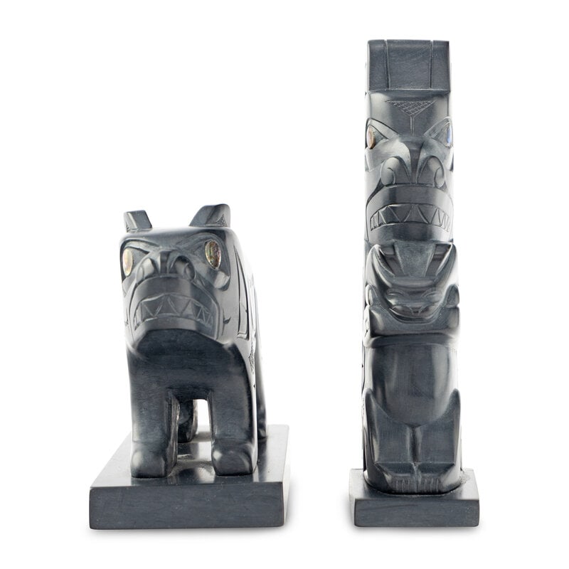 Glen Pollard (Haida, b. 1957) Argillite Bear AND Model Totem - 2